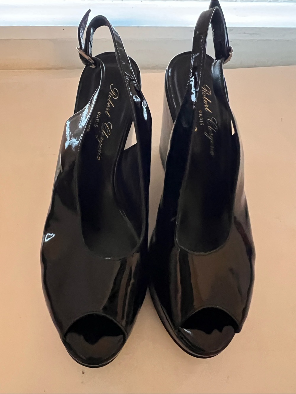 Robert Clergerie Black Patent Leather Peep-Toe Slingback Heels